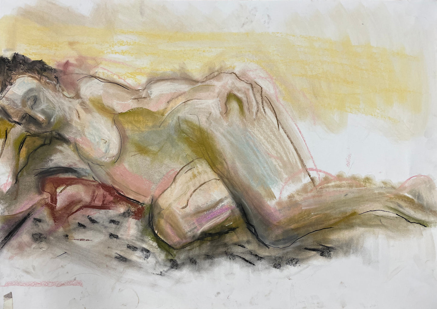 Figure Leaning on Elbow, 33 x 23 inches , pastel, charcoal and conte crayon drawings